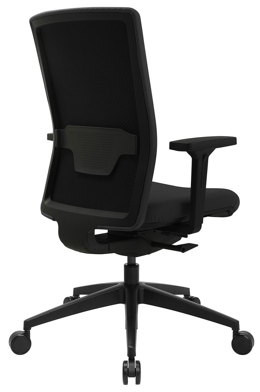 Rückansicht eines schwarzen Bürostuhls mit Netzrückenlehne und verstellbaren Armlehnen, Modell SITNESS AIRWORK G.
