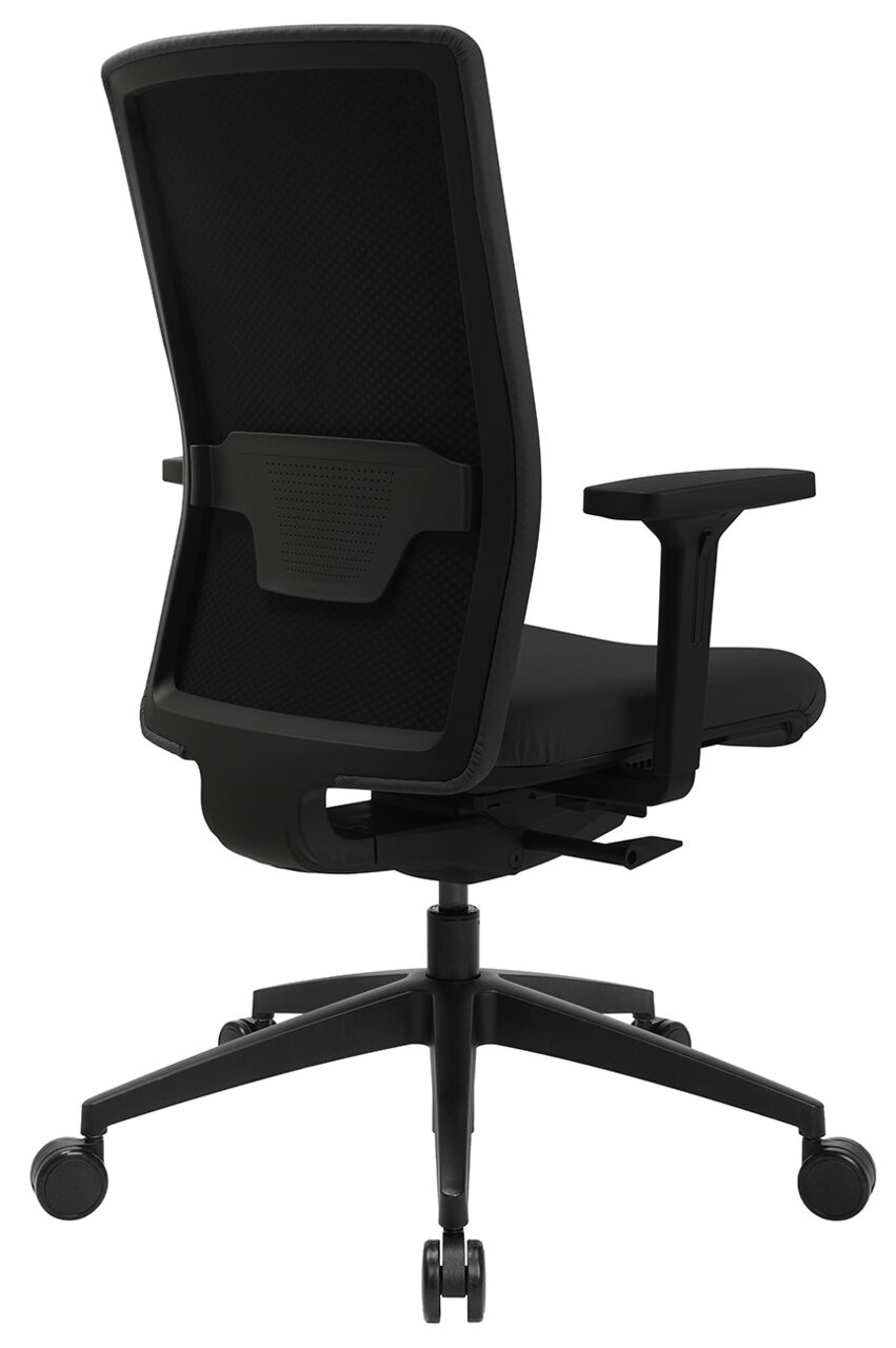 Achterkant van een zwarte bureaustoel met rugleuning van gaas en verstelbare armleuningen, model SITNESS AIRWORK G.