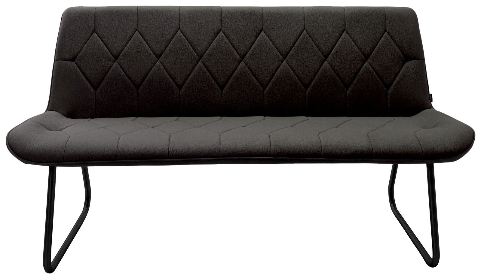 Moderne schwarze Bank mit gesteppter Rückenlehne und Metallbeinen, Frontalansicht
