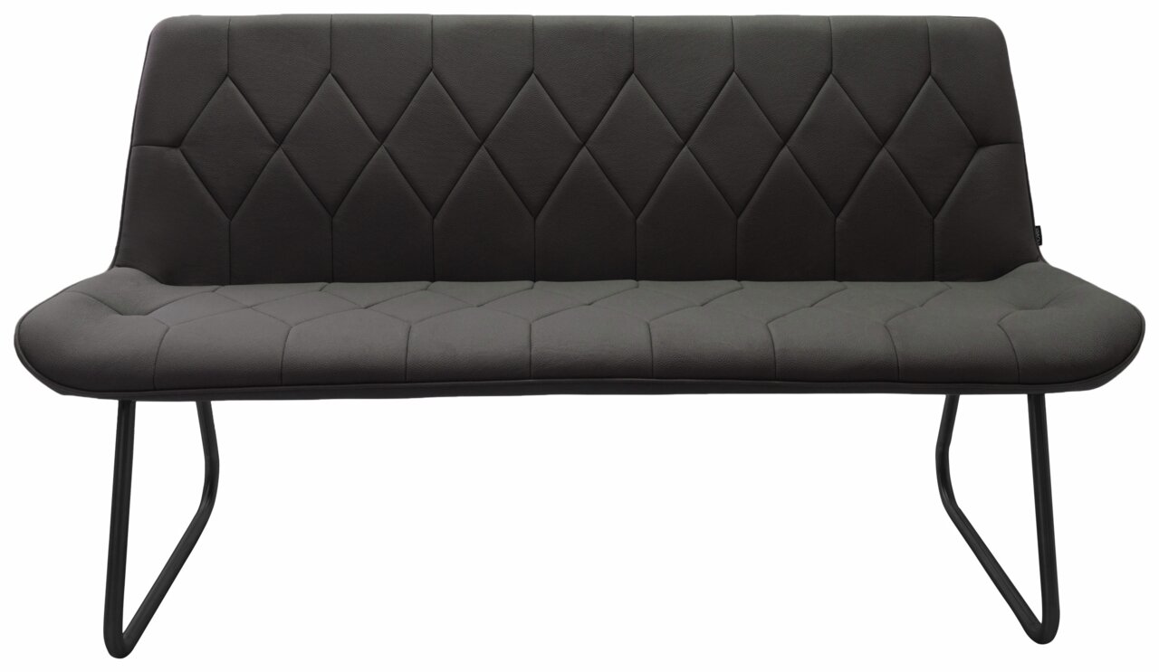 Moderne schwarze Bank mit gesteppter Rückenlehne und Metallbeinen, Frontalansicht