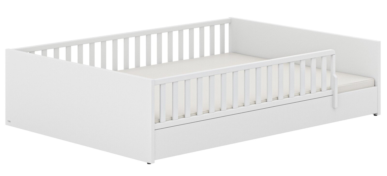 Weißes Bodenbett mit Gitterstäben, seitliche Perspektive