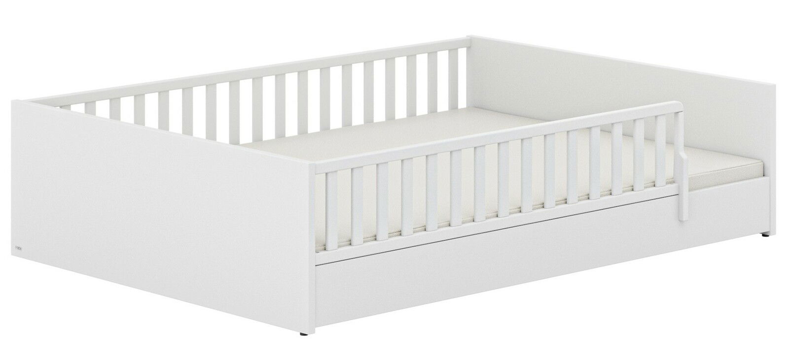 Weißes Bodenbett mit Gitterstäben, seitliche Perspektive