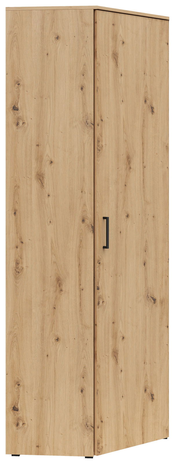 Eckschrank aus Holz mit natürlicher Maserung, Frontansicht leicht von der Seite