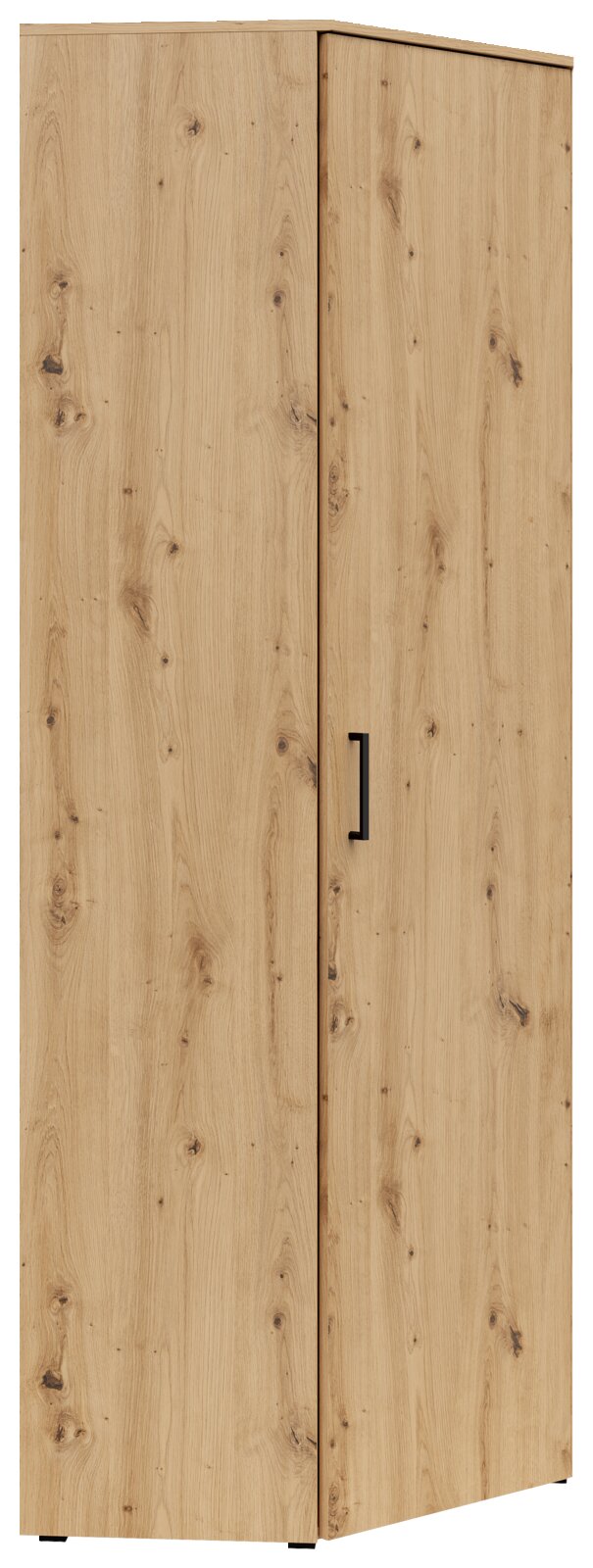 Eckschrank aus Holz mit natürlicher Maserung, Frontansicht leicht von der Seite