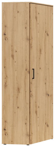 Eckschrank aus Holz mit natürlicher Maserung, Frontansicht leicht von der Seite