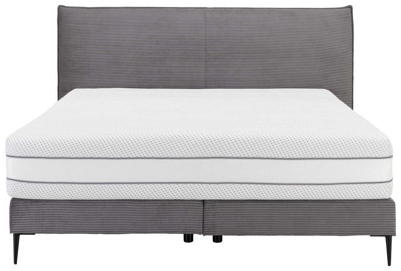 Frontale Ansicht eines modernen Boxspringbetts mit grauem Kopfteil und weißer Matratze.
