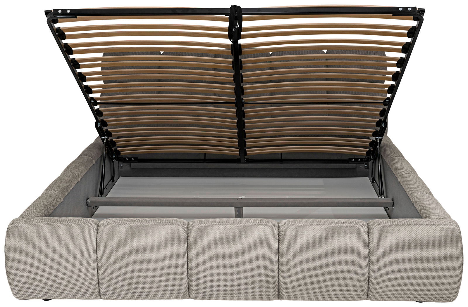 Polsterbettgestell mit geöffnetem Lattenrost, Ansicht von vorne