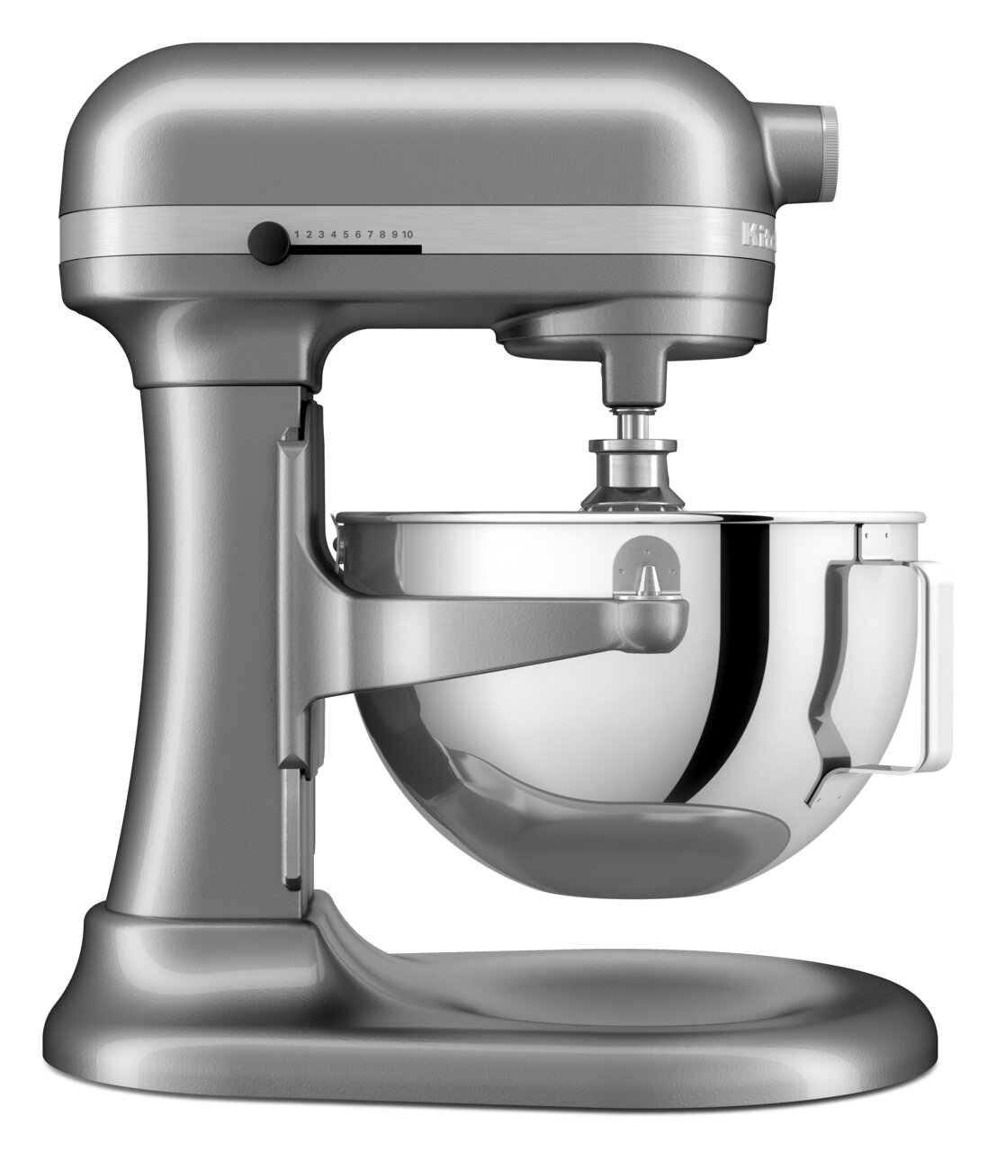 Zijaanzicht van de zilveren keukenmachine Heavy Duty 5,2 l met mengkom.