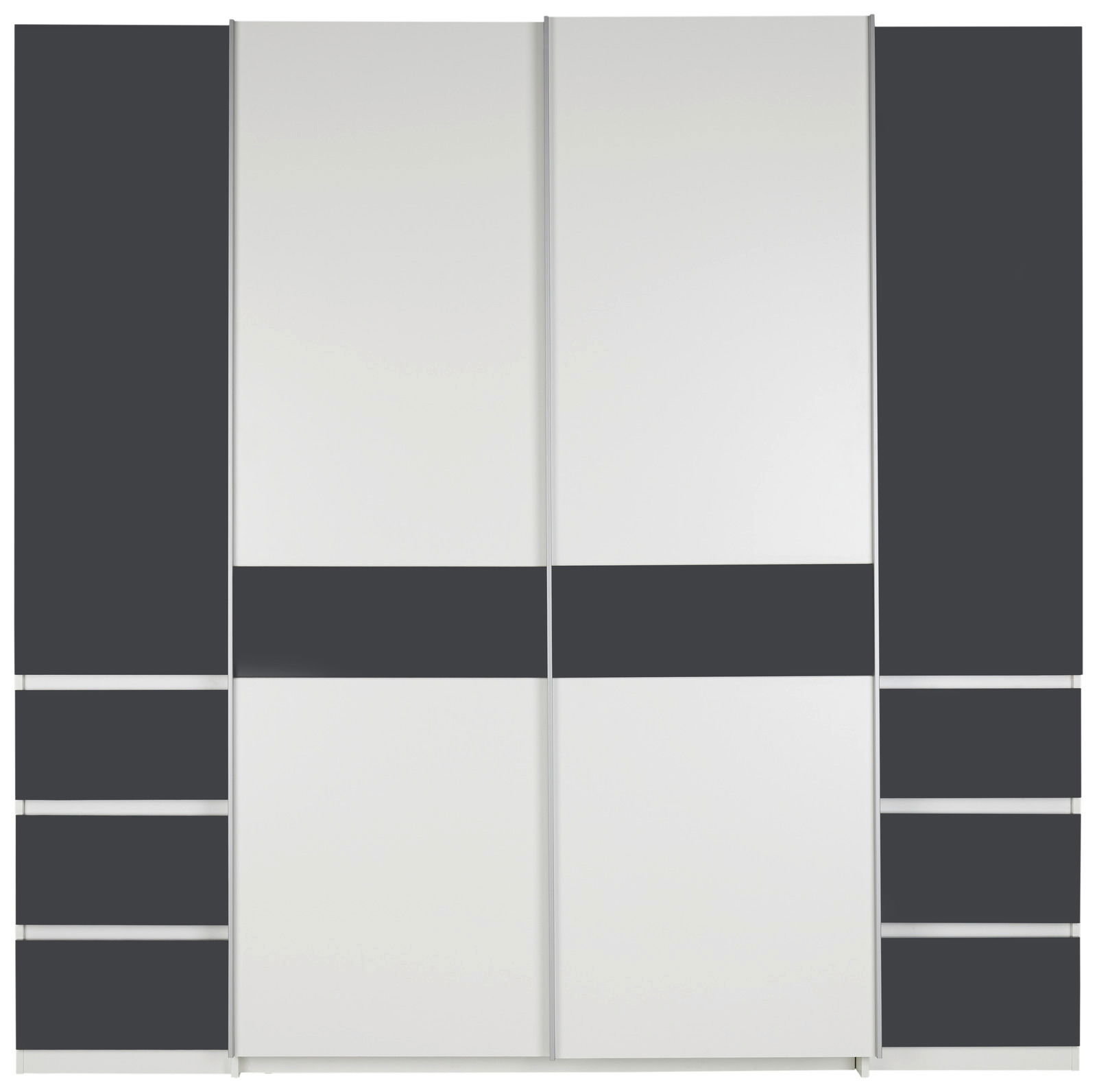 Moderner Dreh- und Schwebetürenschrank mit vier Türen in Weiß und Dunkelgrau, Frontalansicht.