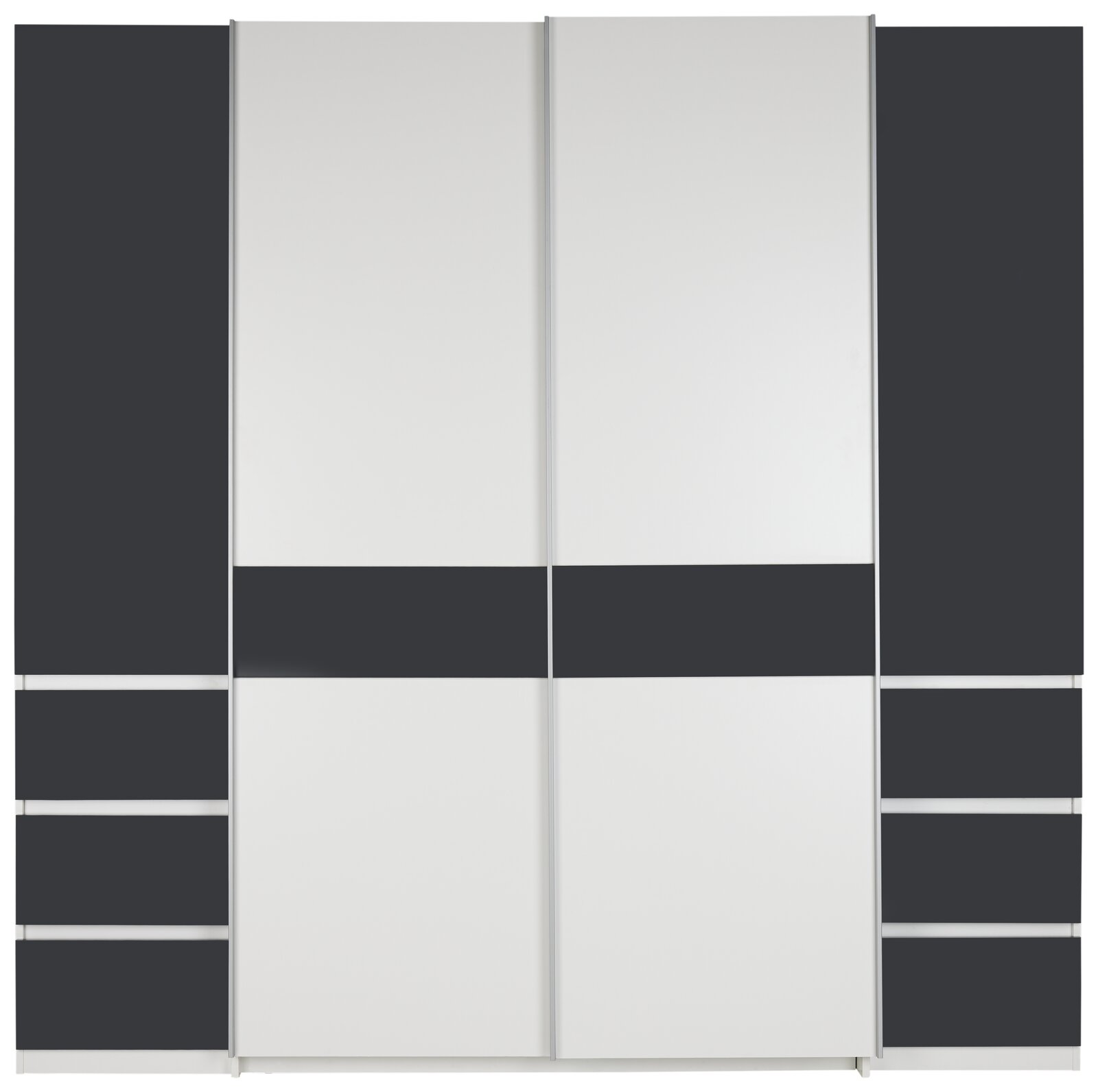 Moderner Dreh- und Schwebetürenschrank mit vier Türen in Weiß und Dunkelgrau, Frontalansicht.