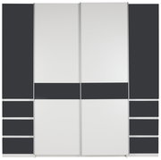 Moderner Dreh- und Schwebetürenschrank mit vier Türen in Weiß und Dunkelgrau, Frontalansicht.