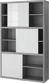 Moderner Hochschrank mit grauem Holzrahmen und weißen Hochglanz-Schiebetüren, frontal betrachtet.