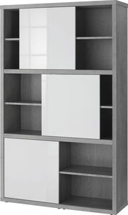 Moderner Hochschrank mit grauem Holzrahmen und weißen Hochglanz-Schiebetüren, frontal betrachtet.