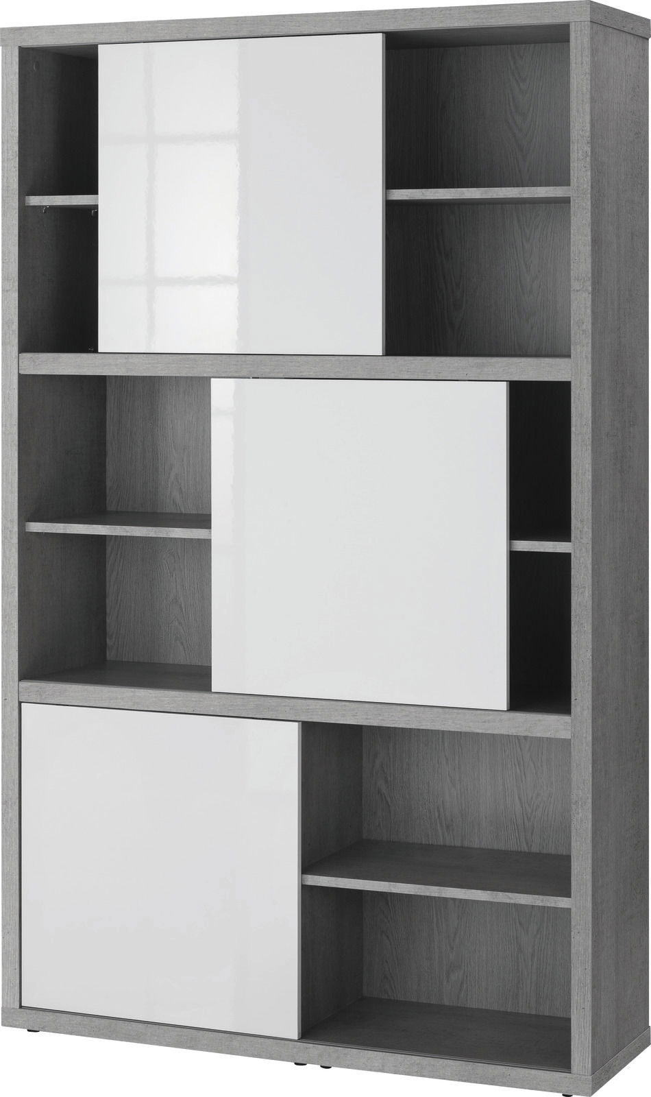 Moderner Hochschrank mit grauem Holzrahmen und weißen Hochglanz-Schiebetüren, frontal betrachtet.