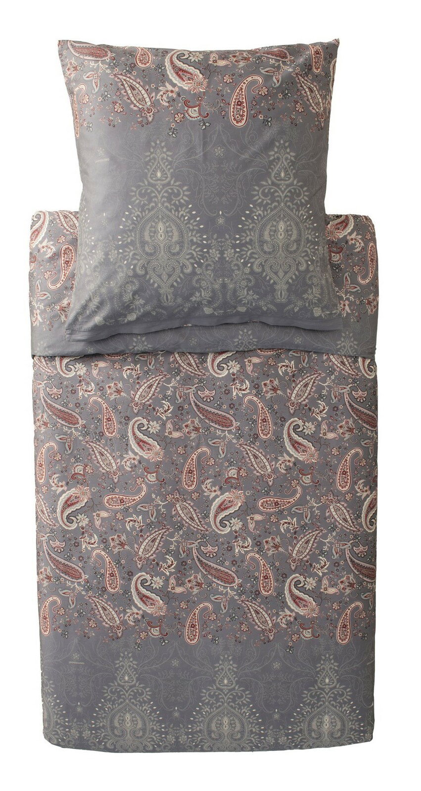 Bettwäsche-Set mit Paisley-Muster in Grau- und Rottönen, Draufsicht