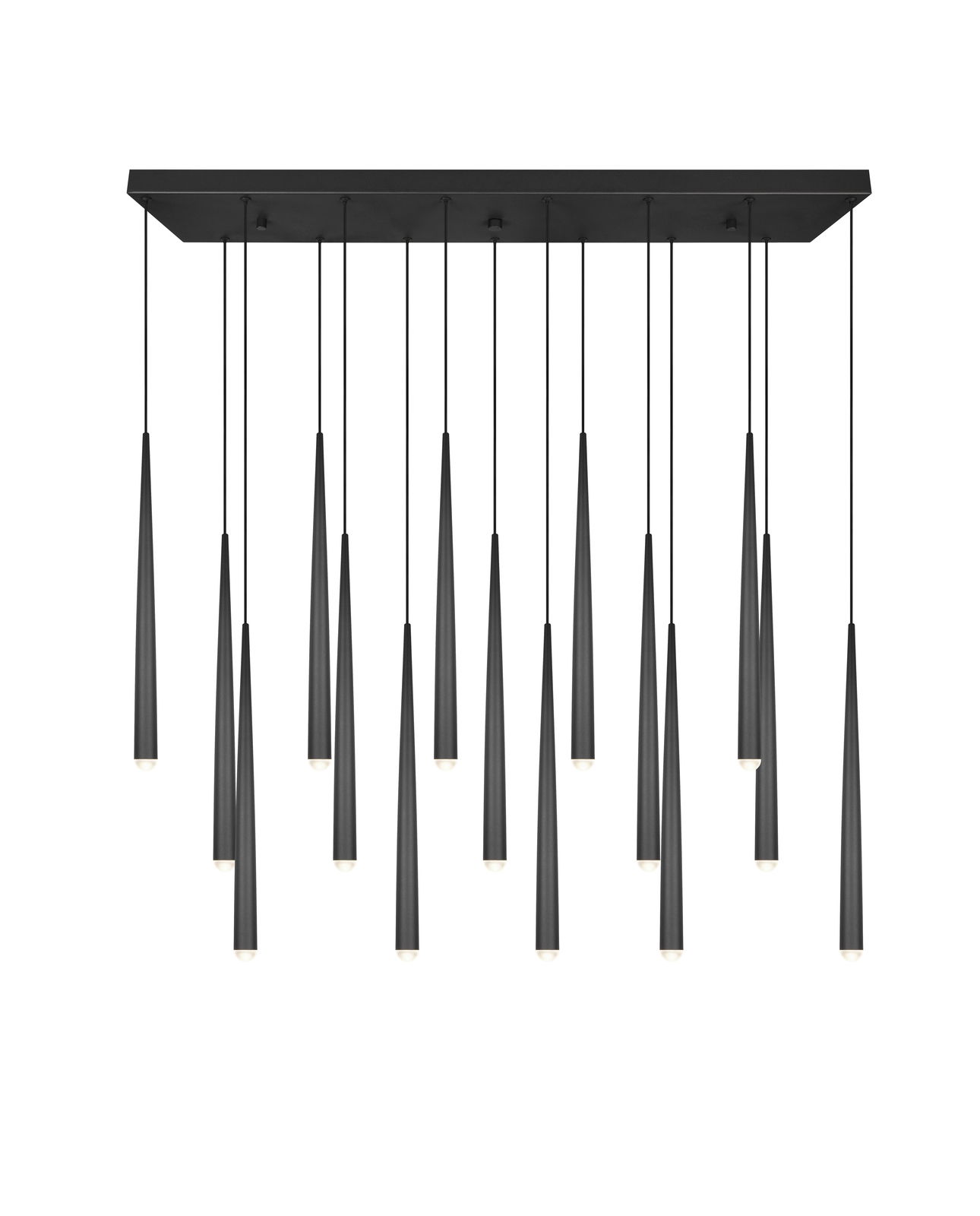 Moderne Pendelleuchte mit mehreren schwarzen, konischen Lampenschirmen, von unten betrachtet.