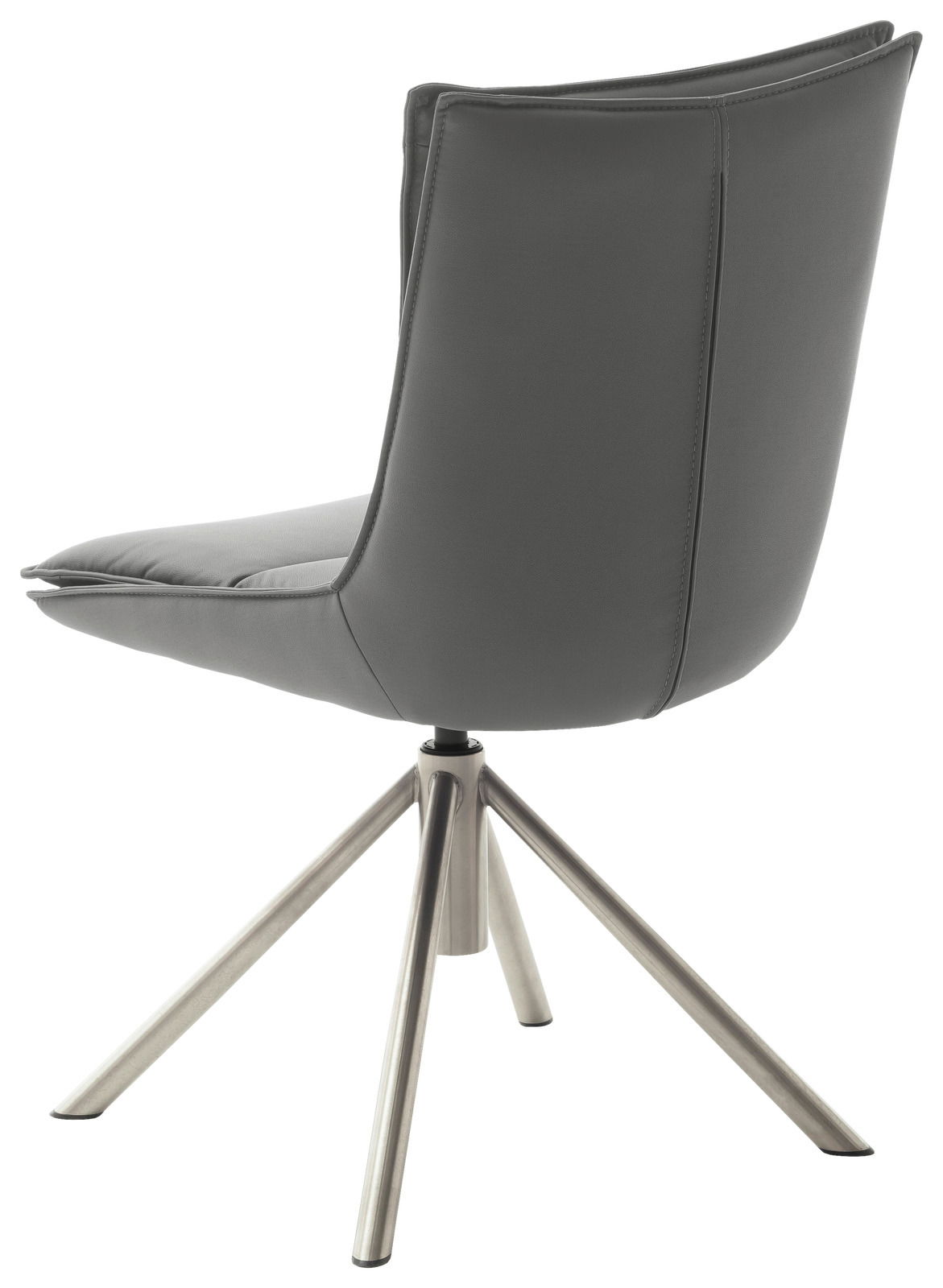 Moderner grauer Stuhl mit Metallbeinen, seitliche Rückansicht