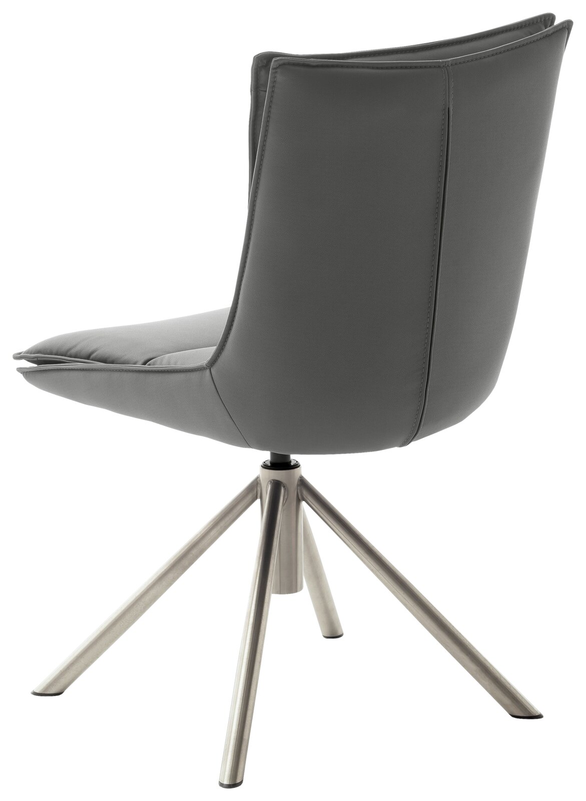 Moderner grauer Stuhl mit Metallbeinen, seitliche Rückansicht