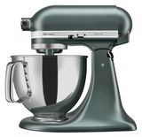 Küchenmaschine 4.8L Artisan in seitlicher Ansicht, metallic-grün mit Edelstahl-Rührschüssel.
