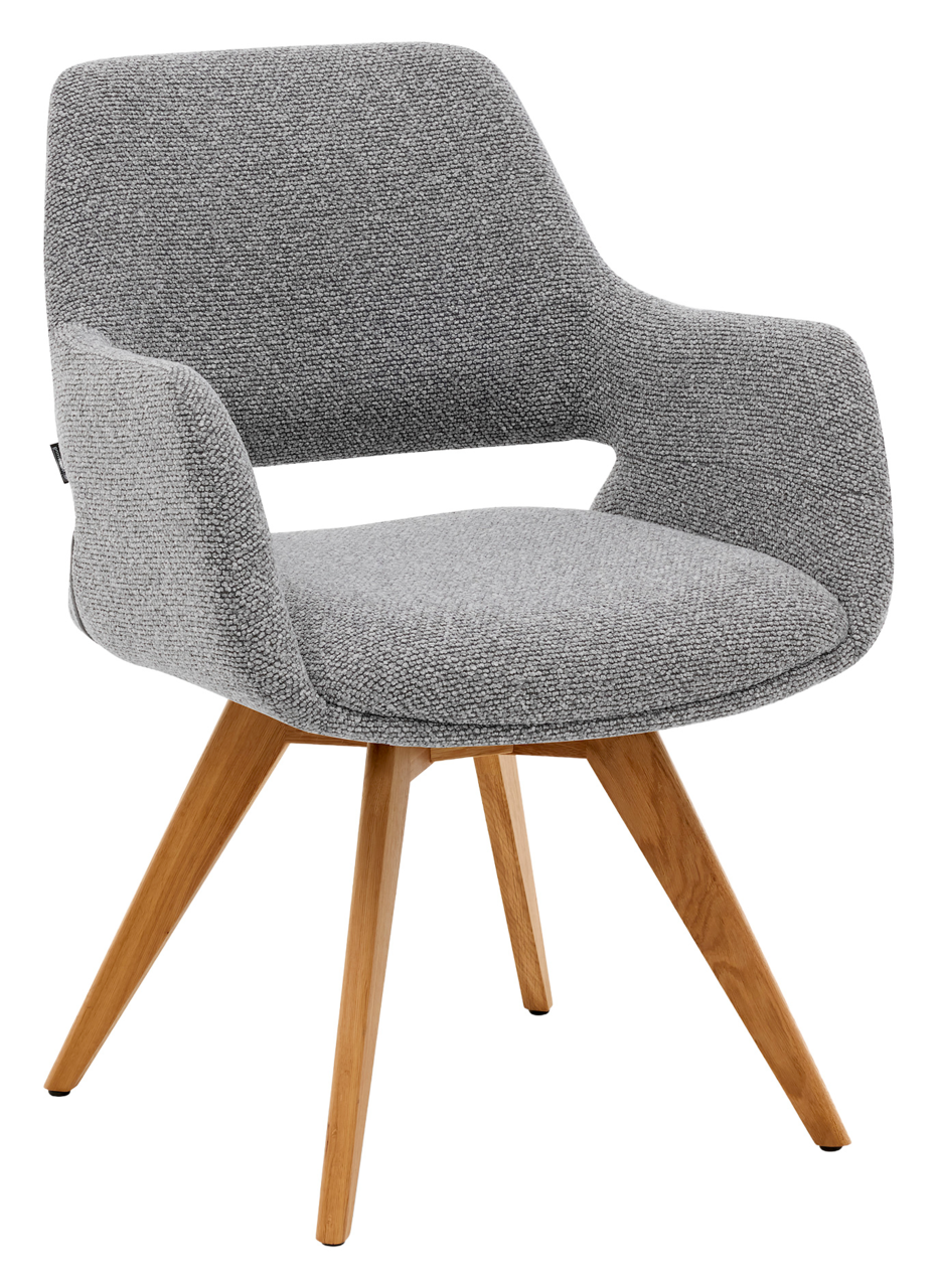 Grauer Armlehnstuhl mit Holzbeinen, seitliche Perspektive