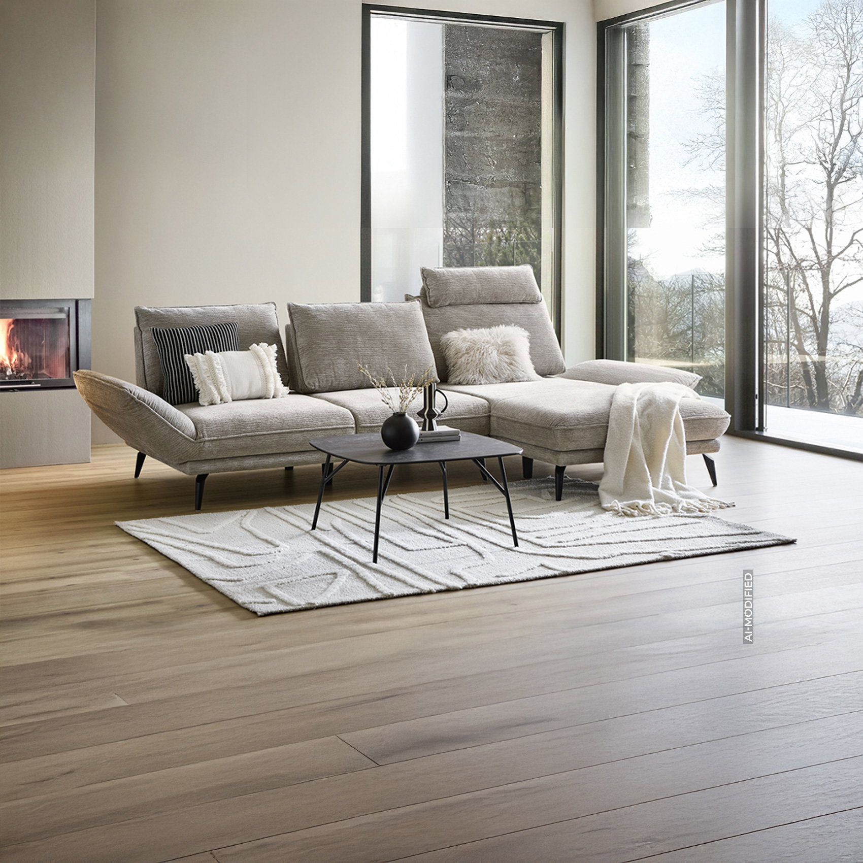 AI-modified: Moderne woonkamer met grijze hoekbank, open haard en grote ramen; het logo van de „Prime Shopping Week“.