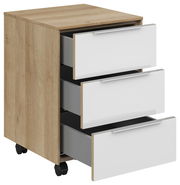 Rollcontainer mit drei offenen Schubladen, Holzoptik mit weißen Fronten, auf Rollen, seitliche Perspektive