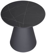 Moderner Beistelltisch mit schwarzer, marmorierter Tischplatte und konischem Fuß, Ansicht von oben