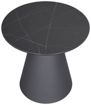 Moderner Beistelltisch mit schwarzer, marmorierter Tischplatte und konischem Fuß, Ansicht von oben
