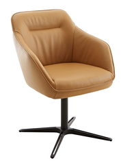 Moderner Armlehnstuhl aus braunem Leder mit schwarzem Metallfuß, seitliche Perspektive