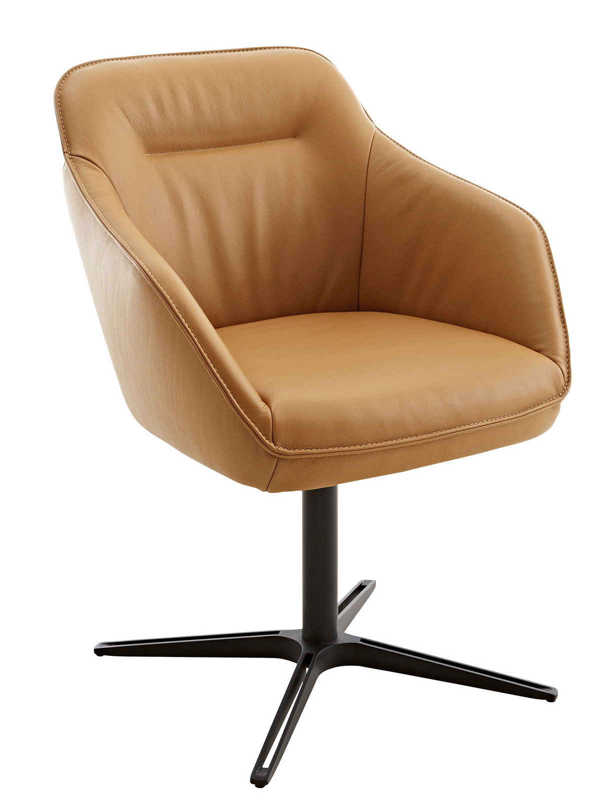Moderner Armlehnstuhl aus braunem Leder mit schwarzem Metallfuß, seitliche Perspektive