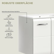 Schräg von vorn rechts gezeigter weißer Bad-Waschtisch mit Schublade und Griff, melaminharzbeschichteter robuster Oberfläche (kratzfest, stoßfeste Kante, wasserabweisend, leicht zu reinigen)