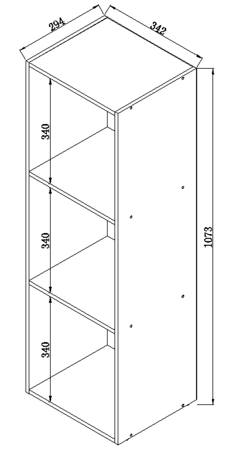 Technische Strichzeichnung eines offenen Regalschranks mit drei Fächern, Maße ca. 1073 mm Höhe sowie 342/294 mm Tiefe, in isometrischer Schrägansicht von vorne rechts.