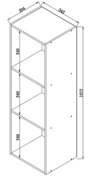 Technische Strichzeichnung eines offenen Regalschranks mit drei Fächern, Maße ca. 1073 mm Höhe sowie 342/294 mm Tiefe, in isometrischer Schrägansicht von vorne rechts.