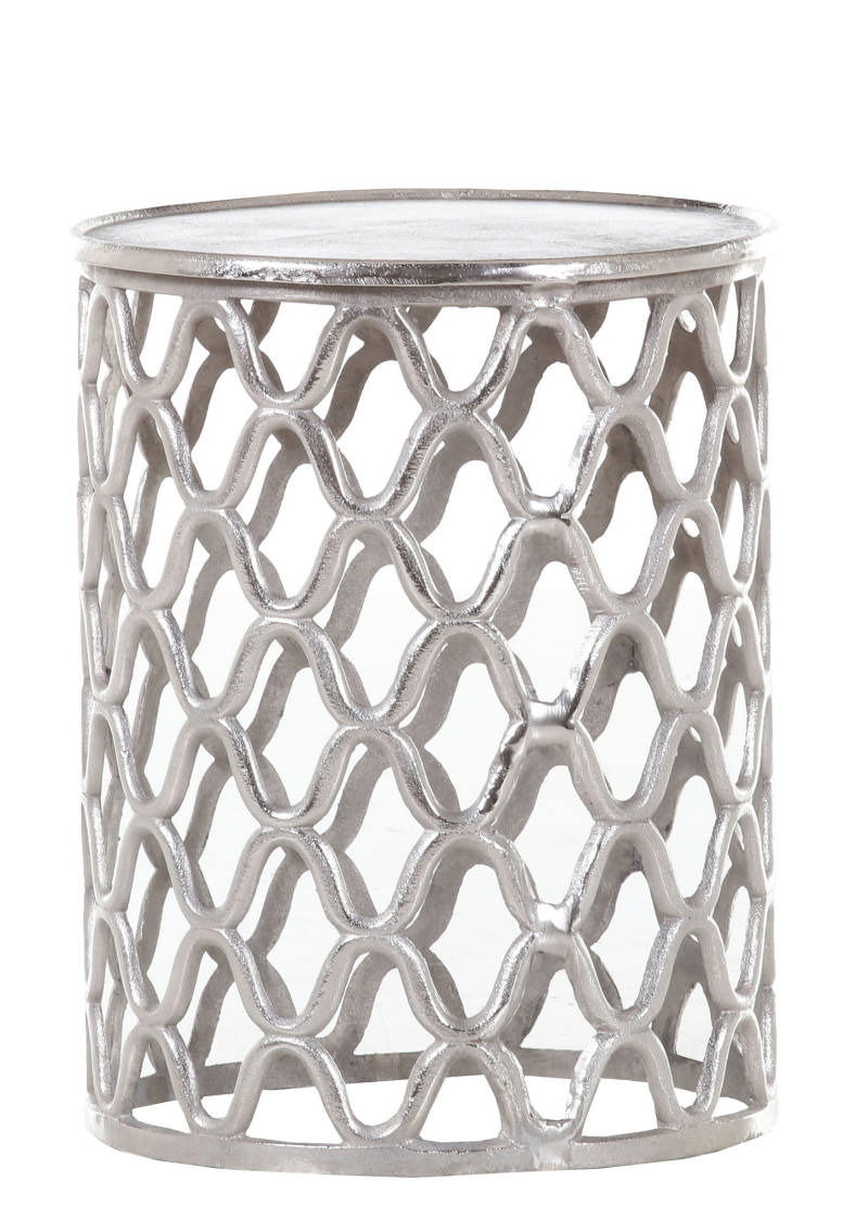 Silberner Beistelltisch mit offenem, wellenförmigem Design, seitliche Perspektive