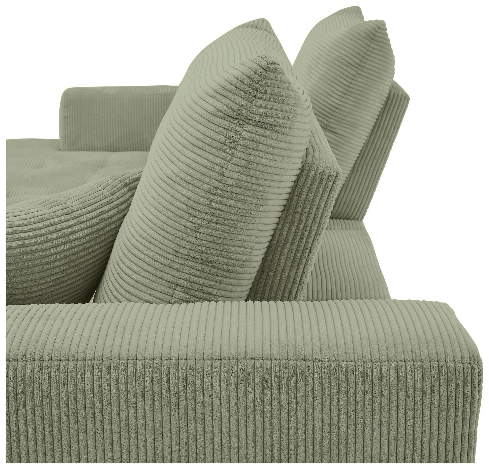 Nahaufnahme einer grünen, gerippten Sofaecke mit Kissen, seitliche Perspektive