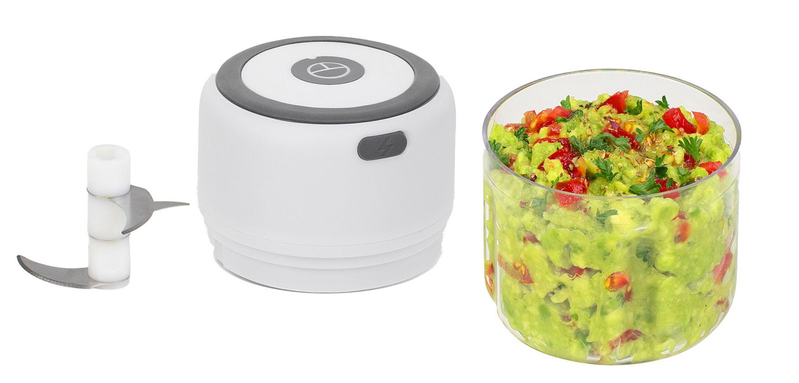 Elektrischer Zerkleinerer Choptastic 2 pro mit abnehmbarem Klingenaufsatz und einer Schüssel voller frisch zubereitetem Guacamole, seitliche Perspektive.