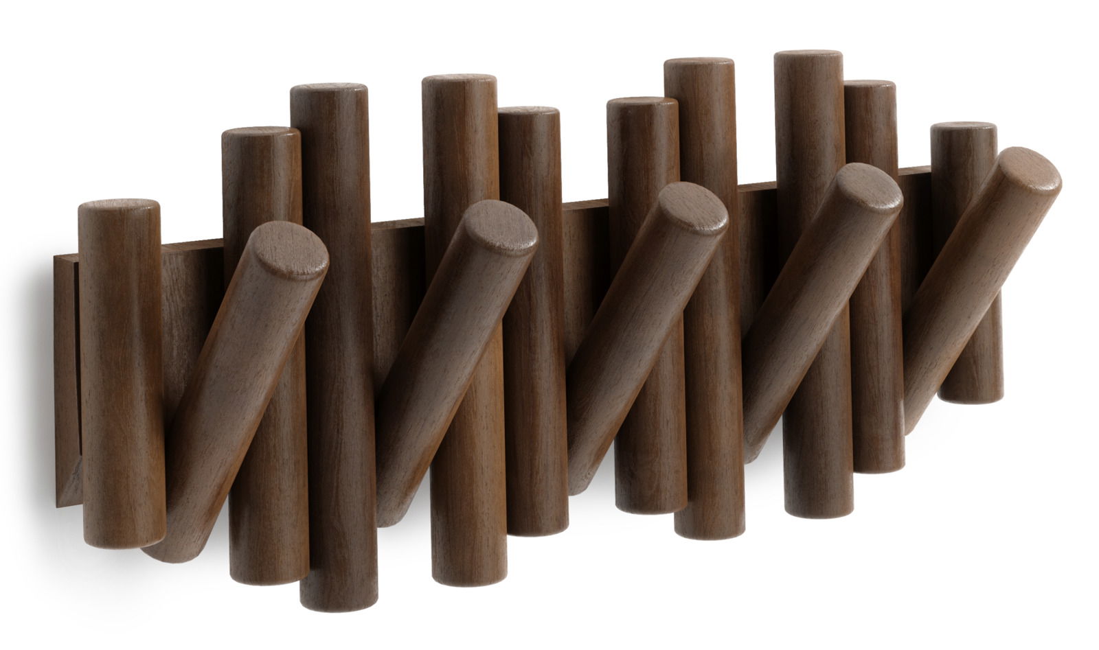 Wandgarderobe aus Holz mit mehreren Haken in diagonaler Anordnung, seitliche Perspektive