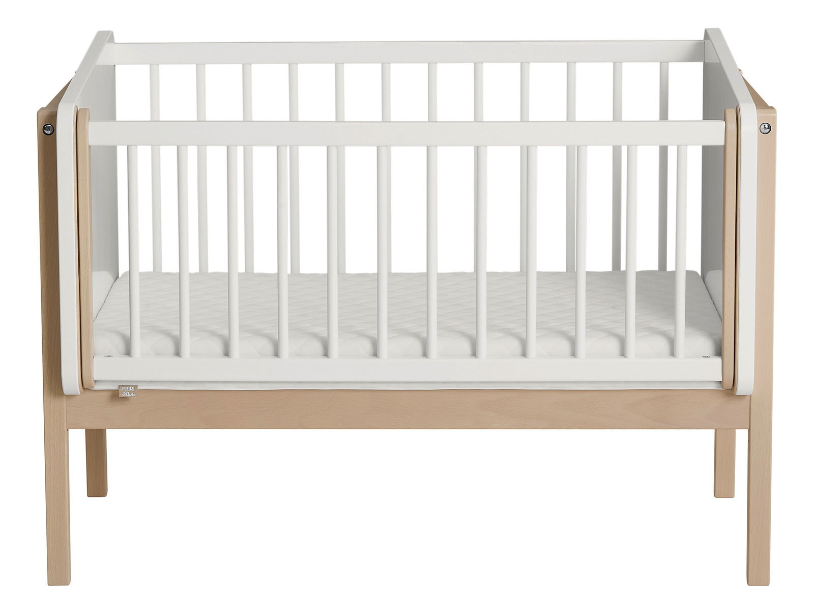 Anstellbett aus Holz mit weißen Gitterstäben, Vorderansicht