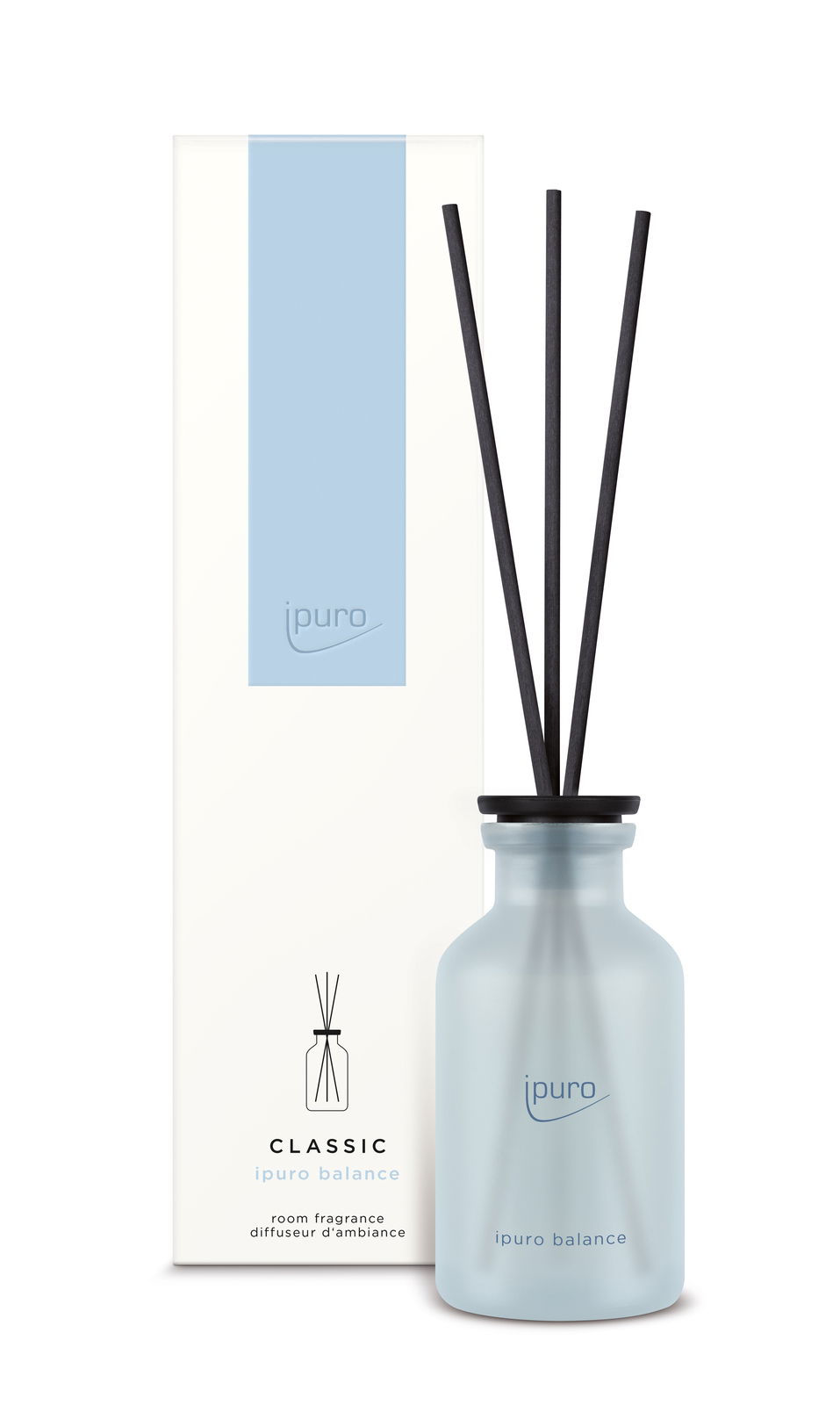 Raumduft Classic Balance von ipuro mit eleganter Glasflasche und schwarzen Duftstäbchen, frontal abgebildet.