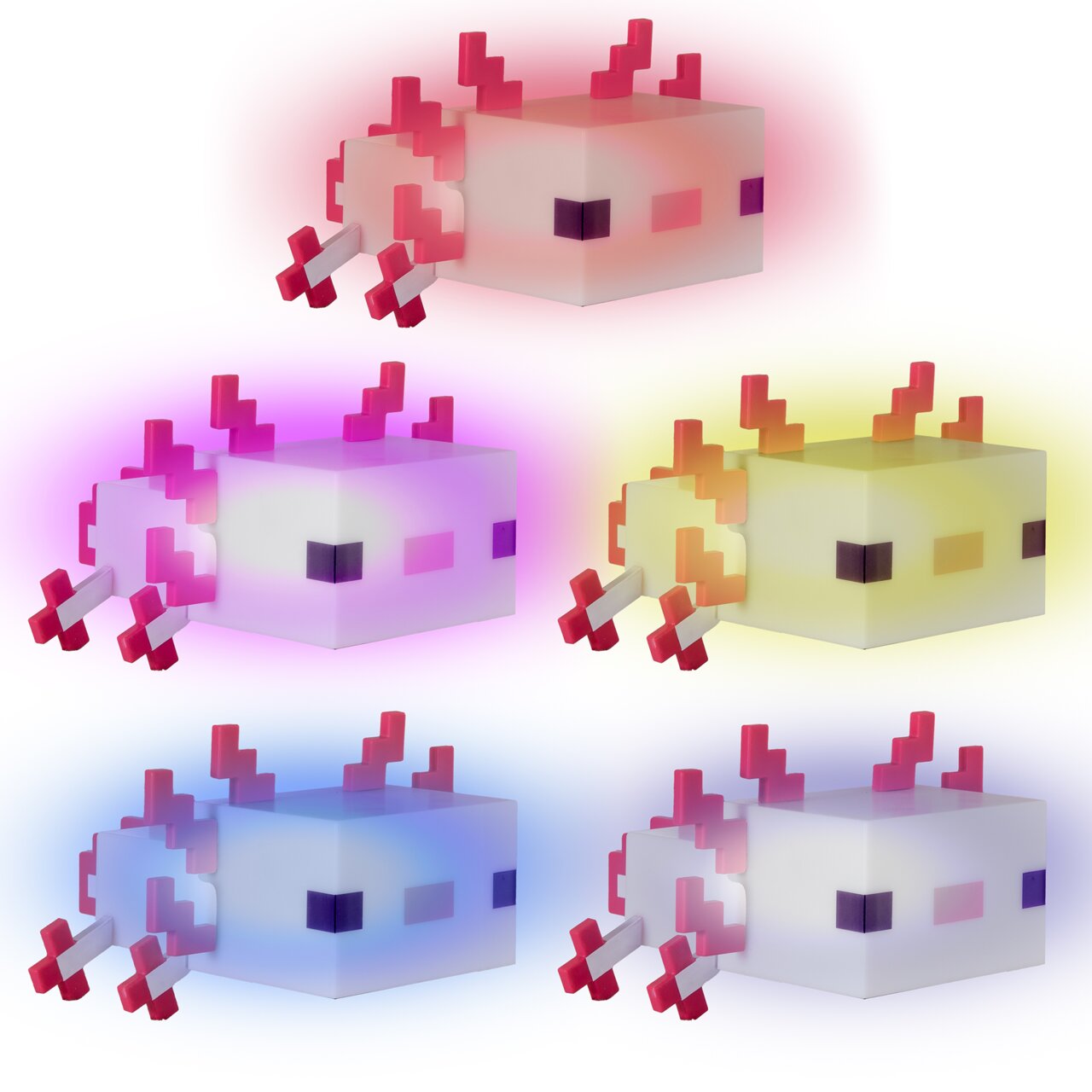 Vijf kubusvormige, pixelachtige axolotl-figuurtjes in verschillende pastelkleuren met roze kieuwen en kleine pootjes, afgebeeld in een schuin vooraanzicht (3/4-perspectief) tegen een achtergrond met kleurverloop.
