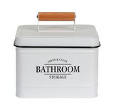 Weiße Badbox mit Deckel und Holzgriff, frontal fotografiert, mit der Aufschrift 'Fresh & Clean Bathroom Storage'.
