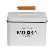 Weiße Badbox mit Deckel und Holzgriff, frontal fotografiert, mit der Aufschrift 'Fresh & Clean Bathroom Storage'.