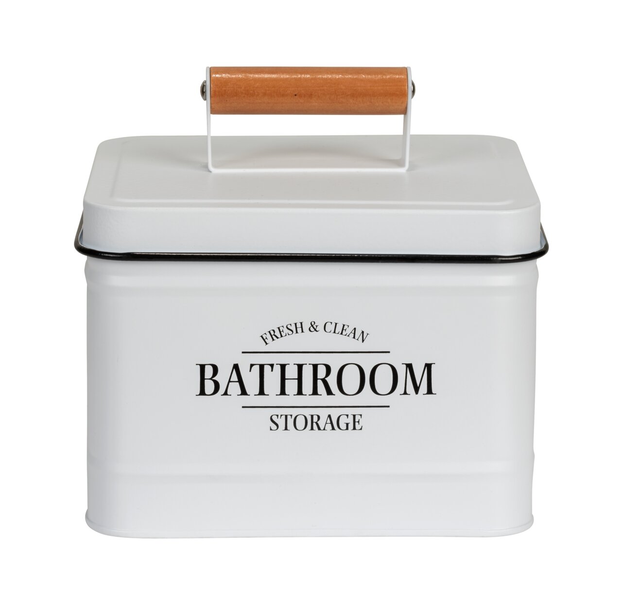 Weiße Badbox mit Deckel und Holzgriff, frontal fotografiert, mit der Aufschrift 'Fresh & Clean Bathroom Storage'.