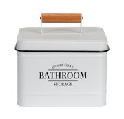 Weiße Badbox mit Deckel und Holzgriff, frontal fotografiert, mit der Aufschrift 'Fresh & Clean Bathroom Storage'.