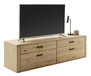 TV-Element ALENTO aus Holz mit vier Schubladen, darauf ein Flachbildfernseher und eine Lampe, seitliche Perspektive