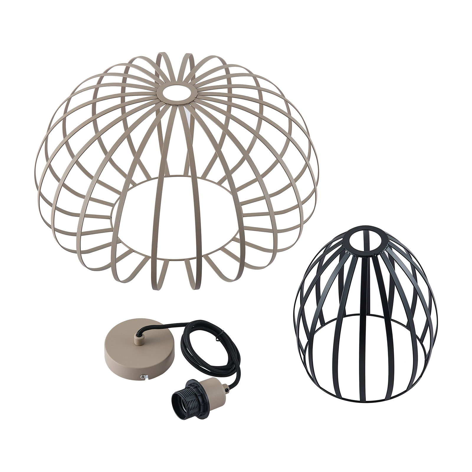 Zwei moderne Lampenschirme aus Metall in Drahtkäfig-Design, einer in Beige und einer in Schwarz, mit passendem Kabel und Fassung, aus der Vogelperspektive.
