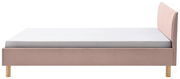 Seitenansicht eines Polsterbetts in Rosa mit Holzfüßen und grauer Matratze.