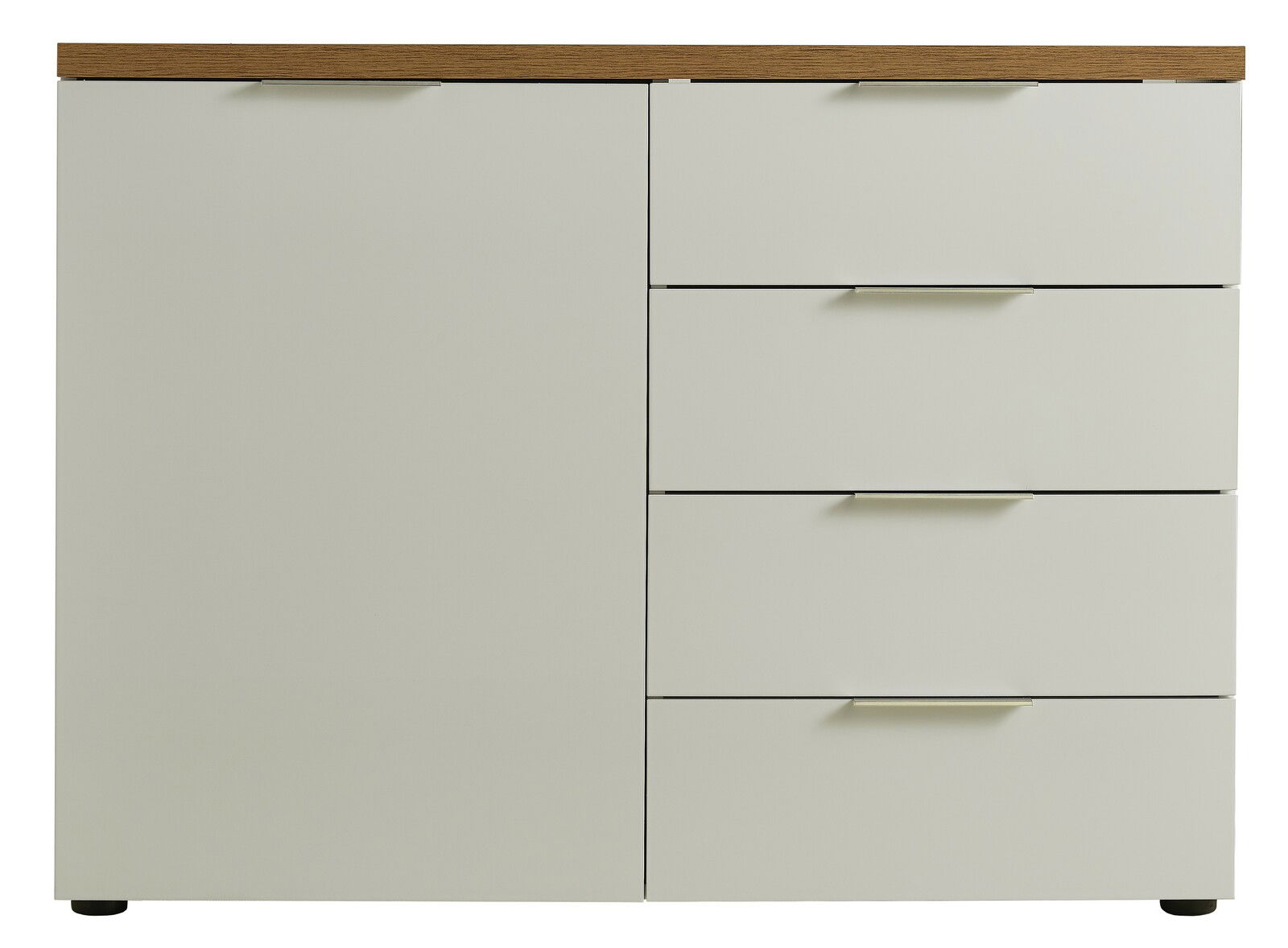 Frontale Ansicht einer modernen Kommode mit einer Tür und drei Schubladen, in hellem Beige mit einer Holzoberfläche.