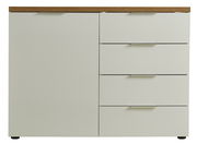 Frontale Ansicht einer modernen Kommode mit einer Tür und drei Schubladen, in hellem Beige mit einer Holzoberfläche.