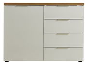 Frontale Ansicht einer modernen Kommode mit einer Tür und drei Schubladen, in hellem Beige mit einer Holzoberfläche.